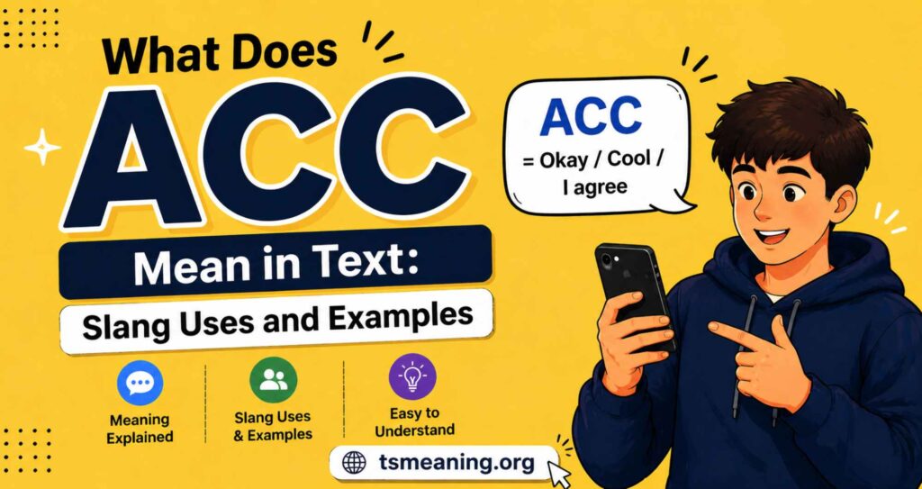 What Does ACC Mean in Text banner with bold ACC title, slang meaning “Okay / Cool / I agree,” boy using smartphone, and simple yellow background with icons.